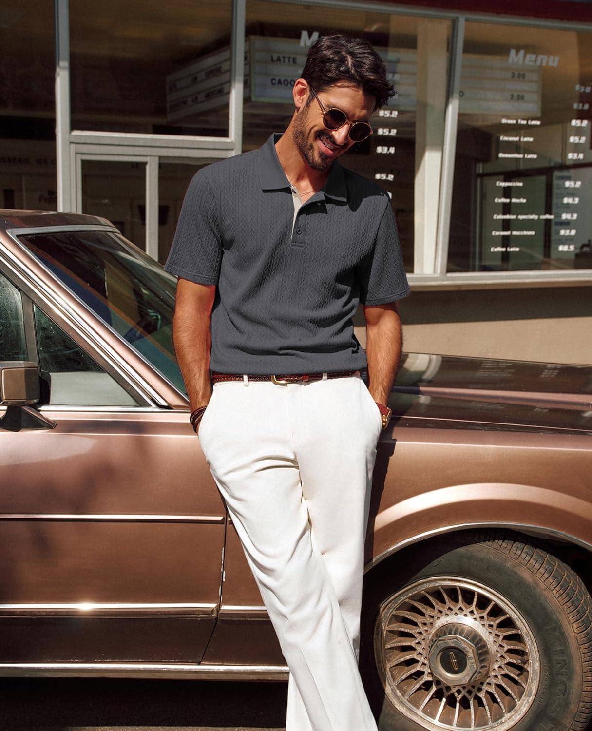 imagePJ PAUL JONES Mens Polo Shirts Short Sleeve Textured Polo T Shirt Summer Casual Knitted Golf ShirtDark Gray