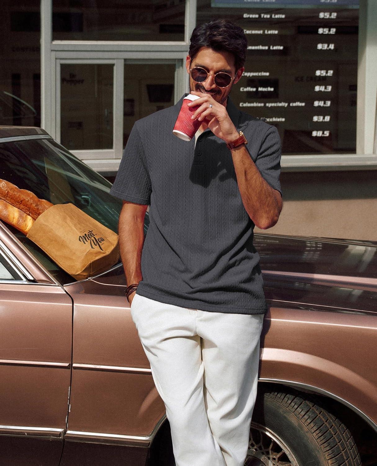 imagePJ PAUL JONES Mens Polo Shirts Short Sleeve Textured Polo T Shirt Summer Casual Knitted Golf ShirtDark Gray