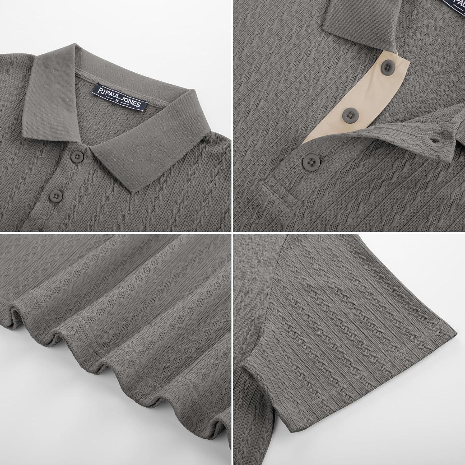 imagePJ PAUL JONES Mens Polo Shirts Short Sleeve Textured Polo T Shirt Summer Casual Knitted Golf ShirtGray