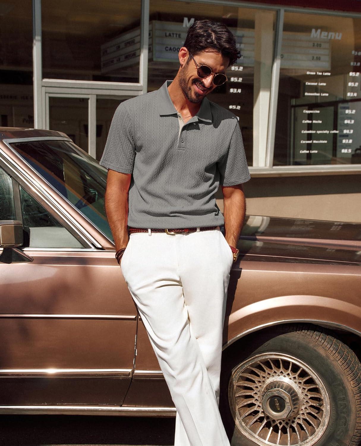 imagePJ PAUL JONES Mens Polo Shirts Short Sleeve Textured Polo T Shirt Summer Casual Knitted Golf ShirtGray