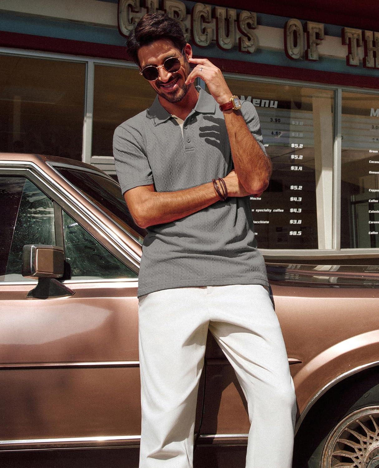 imagePJ PAUL JONES Mens Polo Shirts Short Sleeve Textured Polo T Shirt Summer Casual Knitted Golf ShirtGray