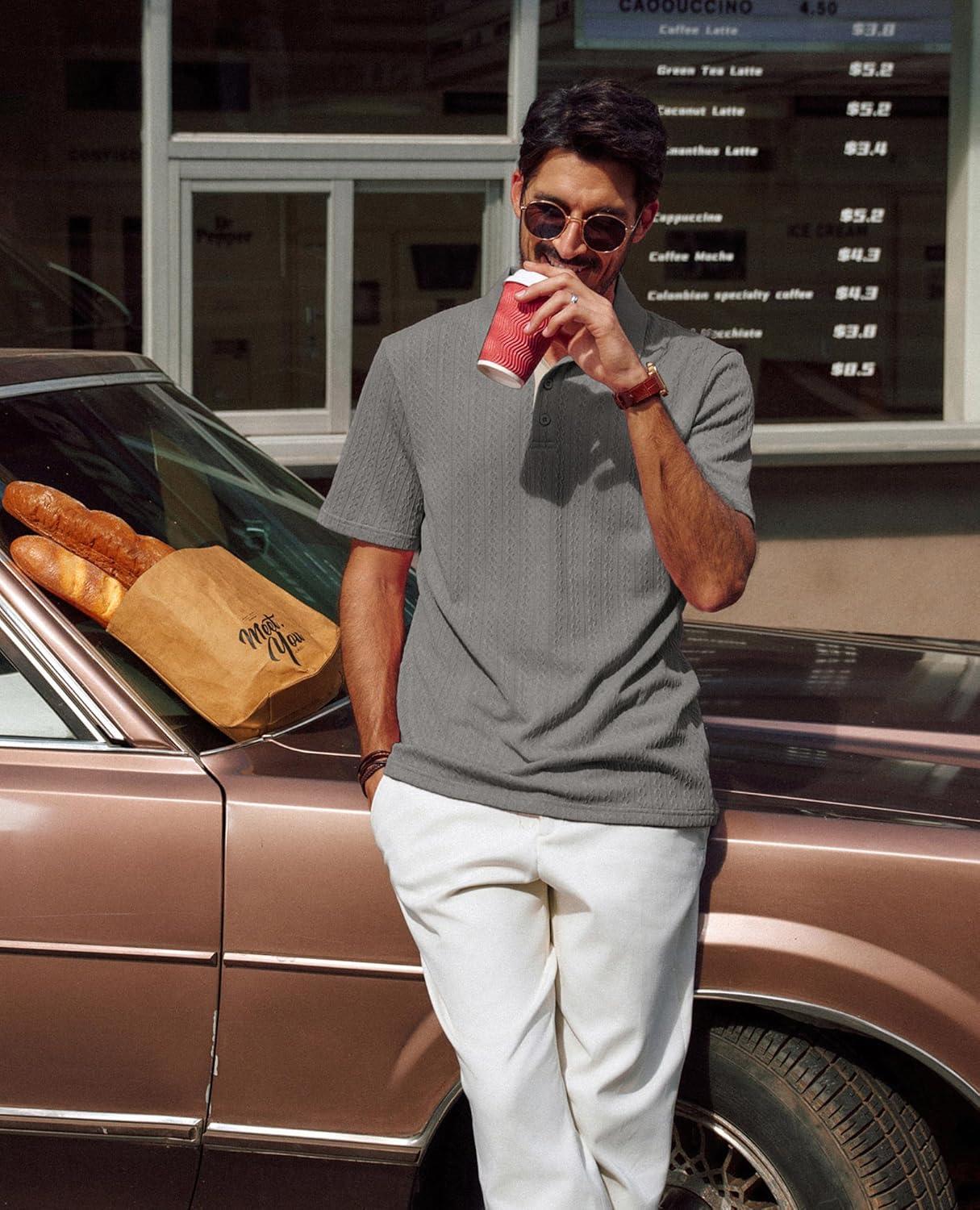 imagePJ PAUL JONES Mens Polo Shirts Short Sleeve Textured Polo T Shirt Summer Casual Knitted Golf ShirtGray