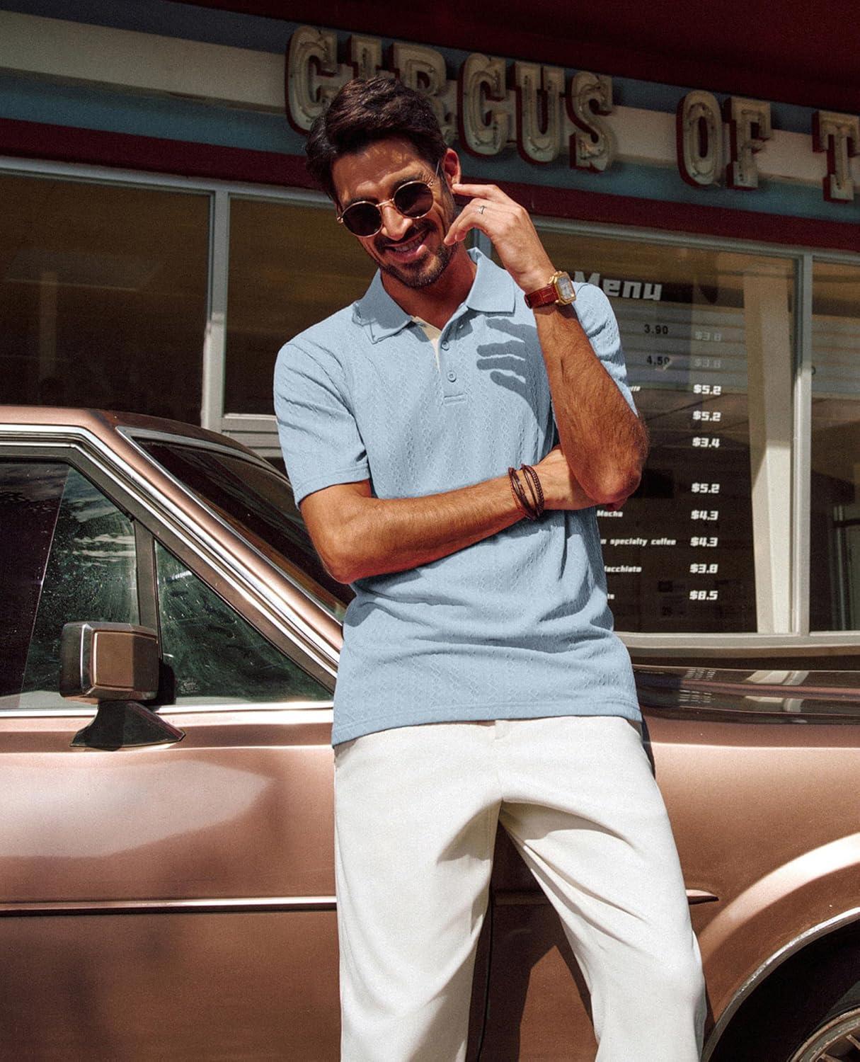 imagePJ PAUL JONES Mens Polo Shirts Short Sleeve Textured Polo T Shirt Summer Casual Knitted Golf ShirtGray Blue