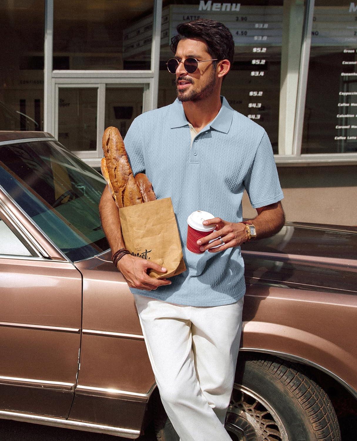 imagePJ PAUL JONES Mens Polo Shirts Short Sleeve Textured Polo T Shirt Summer Casual Knitted Golf ShirtGray Blue