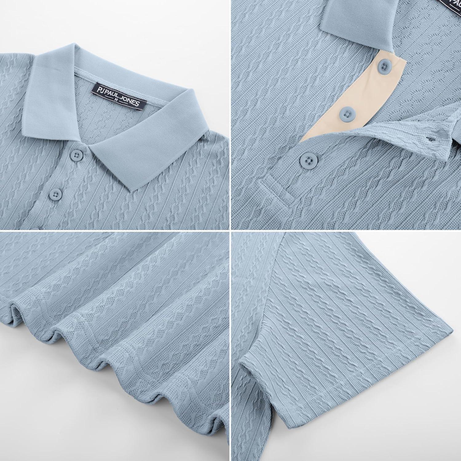 imagePJ PAUL JONES Mens Polo Shirts Short Sleeve Textured Polo T Shirt Summer Casual Knitted Golf ShirtGray Blue