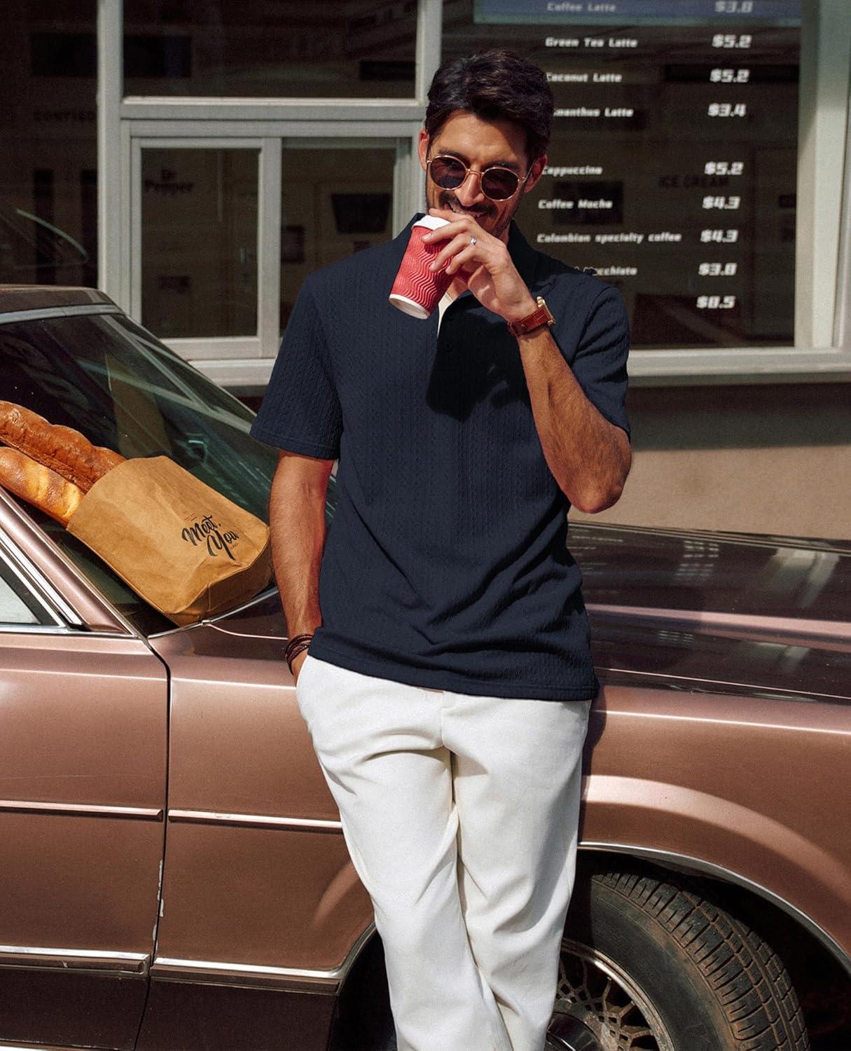 imagePJ PAUL JONES Mens Polo Shirts Short Sleeve Textured Polo T Shirt Summer Casual Knitted Golf ShirtNavy Blue