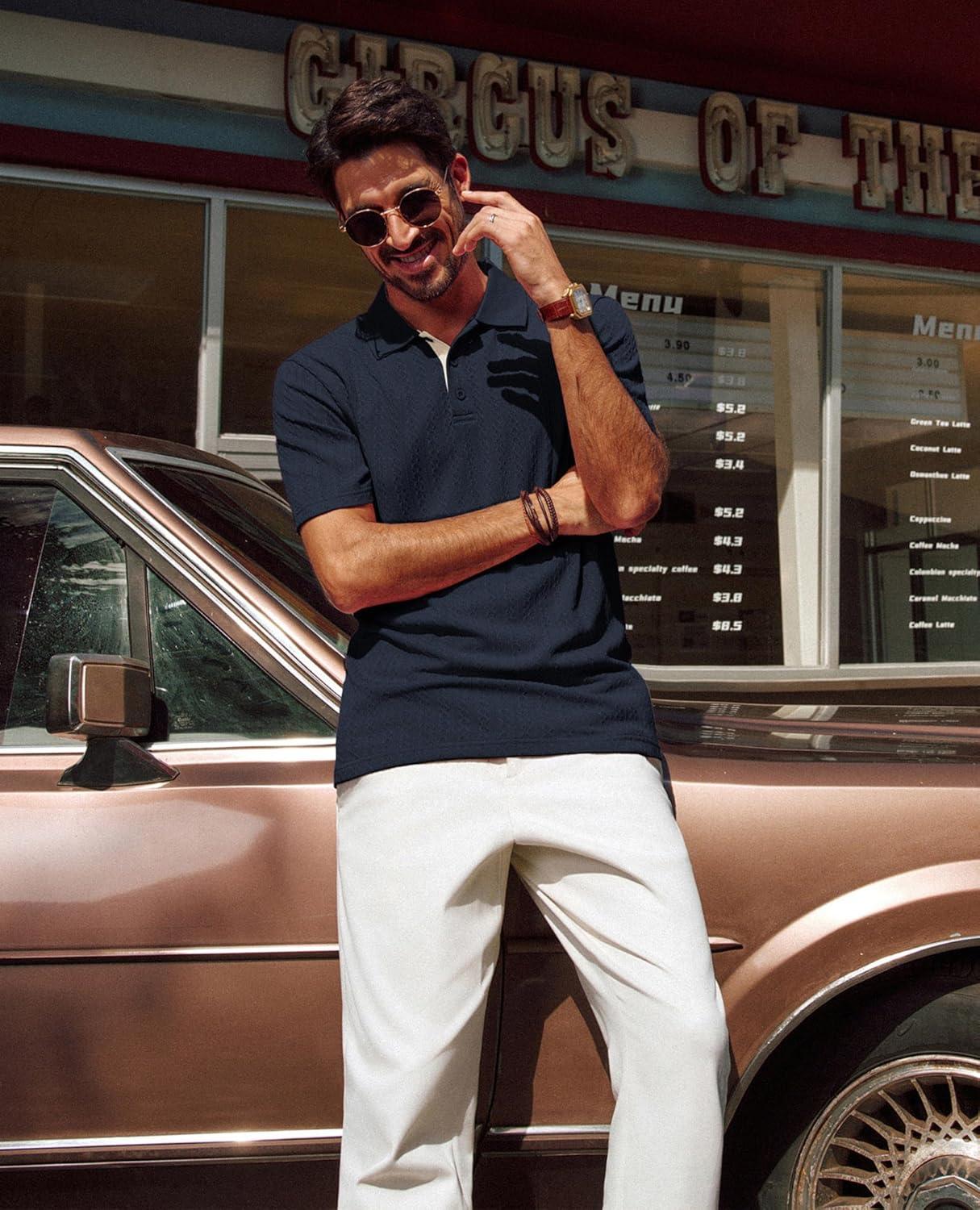 imagePJ PAUL JONES Mens Polo Shirts Short Sleeve Textured Polo T Shirt Summer Casual Knitted Golf ShirtNavy Blue