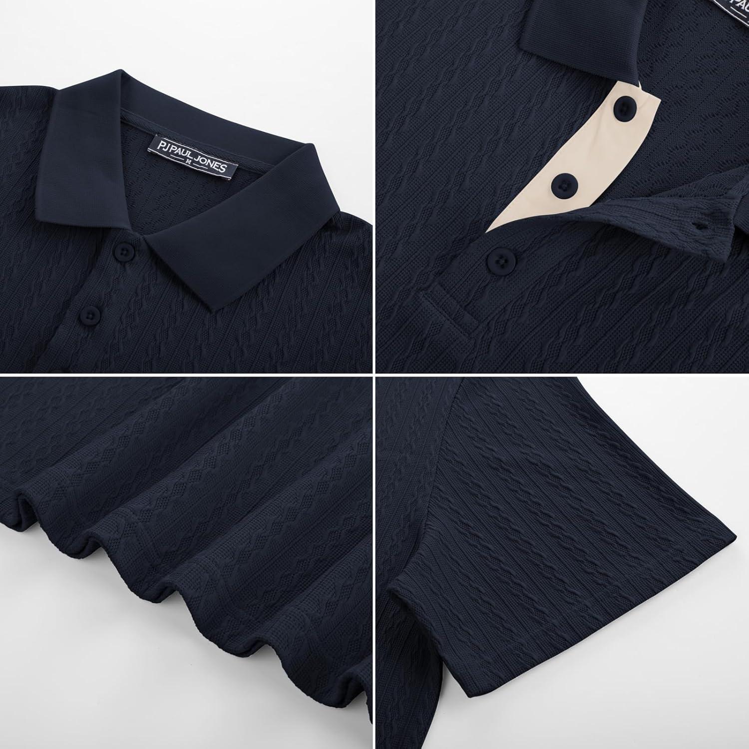 imagePJ PAUL JONES Mens Polo Shirts Short Sleeve Textured Polo T Shirt Summer Casual Knitted Golf ShirtNavy Blue
