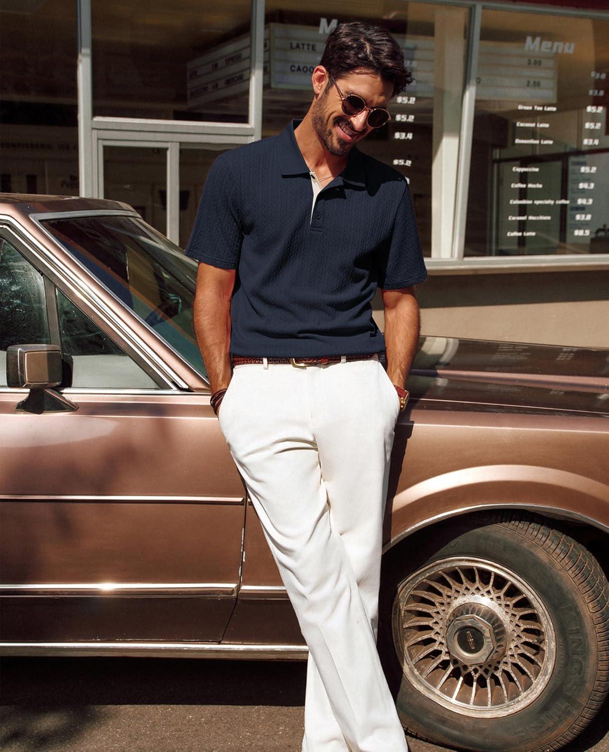 imagePJ PAUL JONES Mens Polo Shirts Short Sleeve Textured Polo T Shirt Summer Casual Knitted Golf ShirtNavy Blue