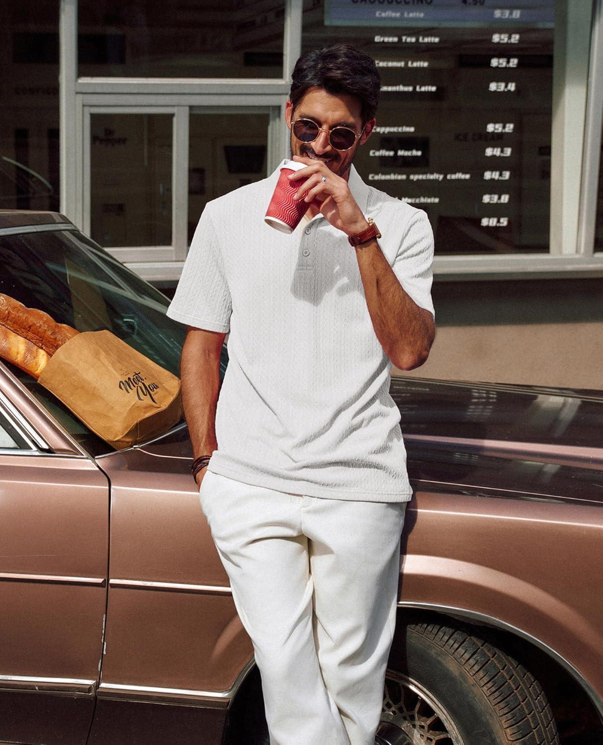 imagePJ PAUL JONES Mens Polo Shirts Short Sleeve Textured Polo T Shirt Summer Casual Knitted Golf ShirtWhite