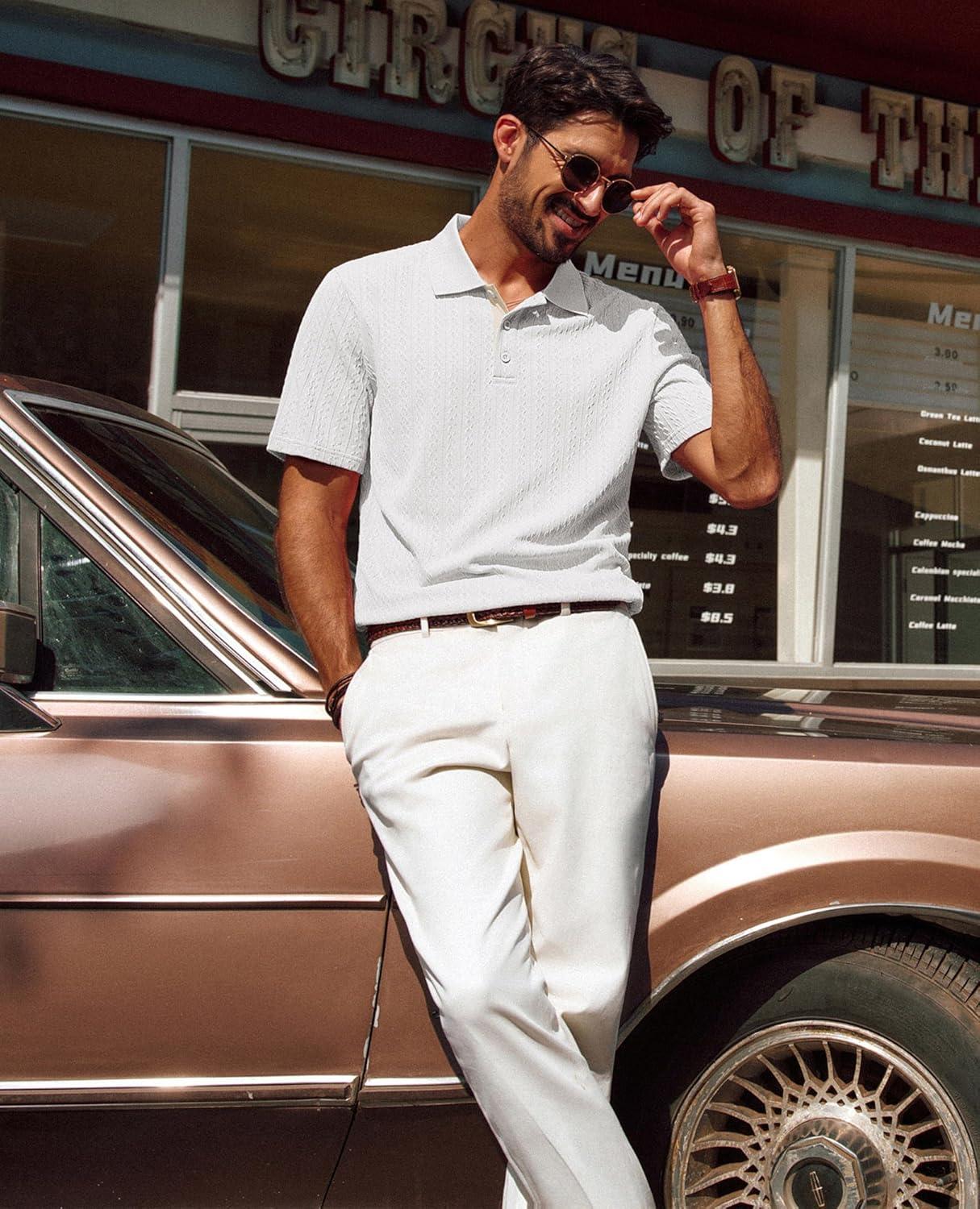 imagePJ PAUL JONES Mens Polo Shirts Short Sleeve Textured Polo T Shirt Summer Casual Knitted Golf ShirtWhite