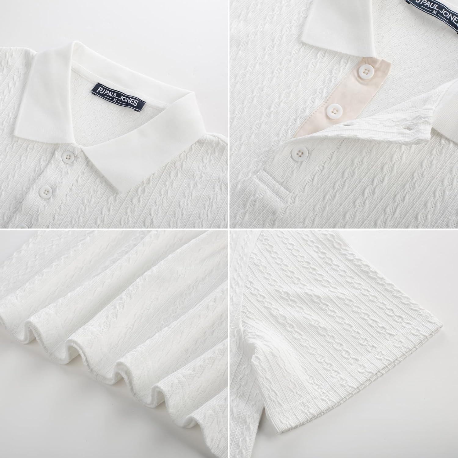 imagePJ PAUL JONES Mens Polo Shirts Short Sleeve Textured Polo T Shirt Summer Casual Knitted Golf ShirtWhite