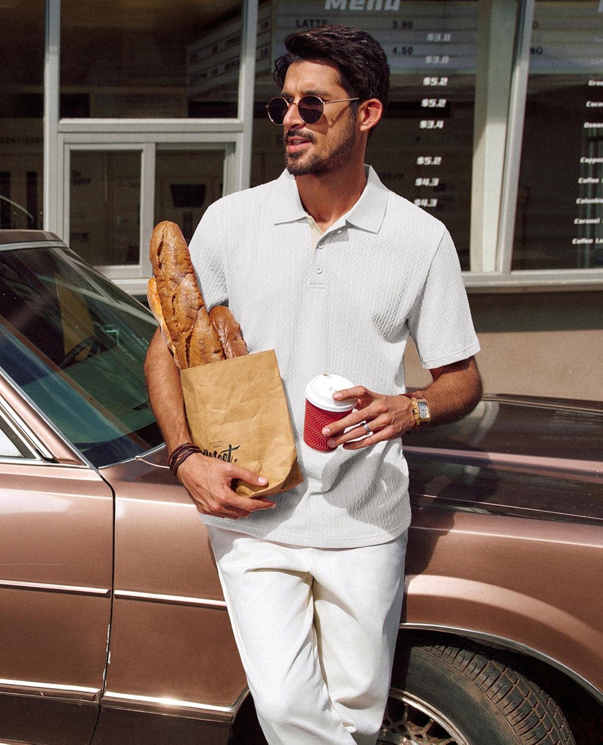 imagePJ PAUL JONES Mens Polo Shirts Short Sleeve Textured Polo T Shirt Summer Casual Knitted Golf ShirtWhite