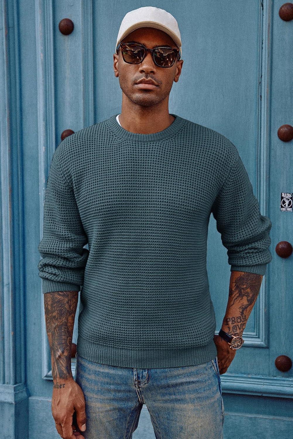 imagePJ PAUL JONES Mens Pullover Sweater Waffle Textured Long Sleeve Knitted SweatersAqua Green
