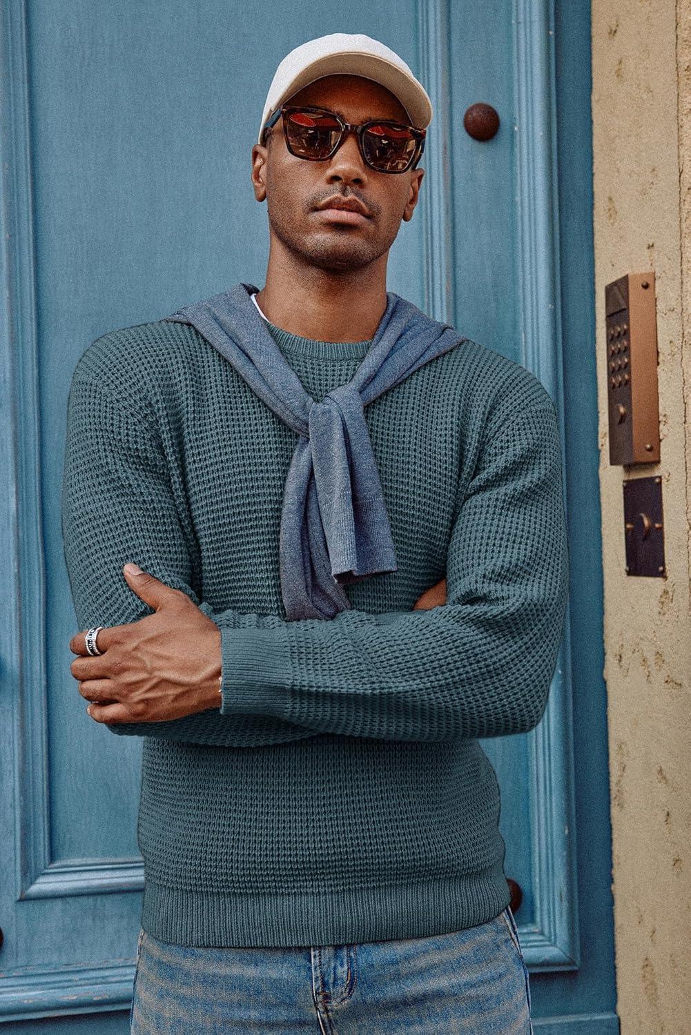 imagePJ PAUL JONES Mens Pullover Sweater Waffle Textured Long Sleeve Knitted SweatersAqua Green