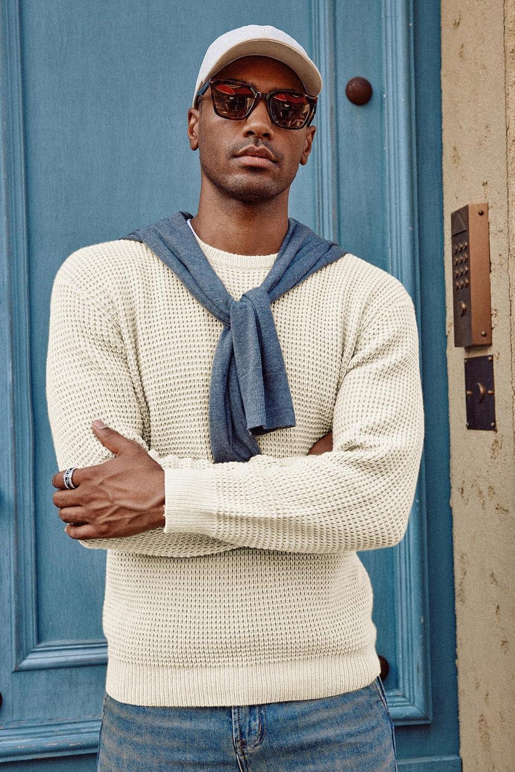 imagePJ PAUL JONES Mens Pullover Sweater Waffle Textured Long Sleeve Knitted SweatersBeige