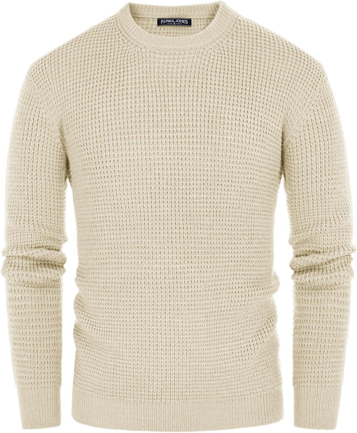 imagePJ PAUL JONES Mens Pullover Sweater Waffle Textured Long Sleeve Knitted SweatersBeige