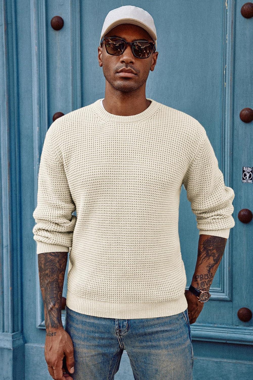 imagePJ PAUL JONES Mens Pullover Sweater Waffle Textured Long Sleeve Knitted SweatersBeige