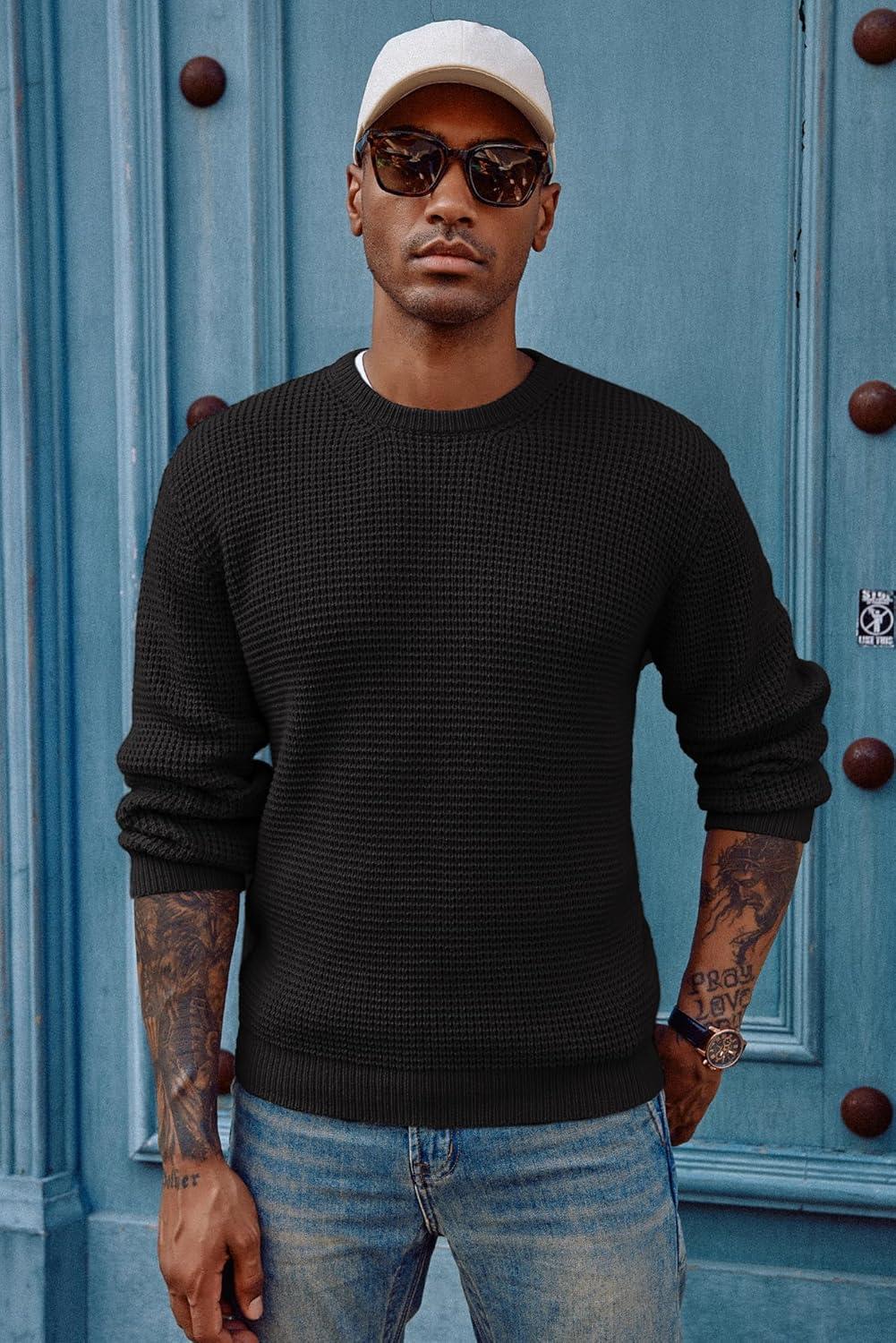 imagePJ PAUL JONES Mens Pullover Sweater Waffle Textured Long Sleeve Knitted SweatersBlack