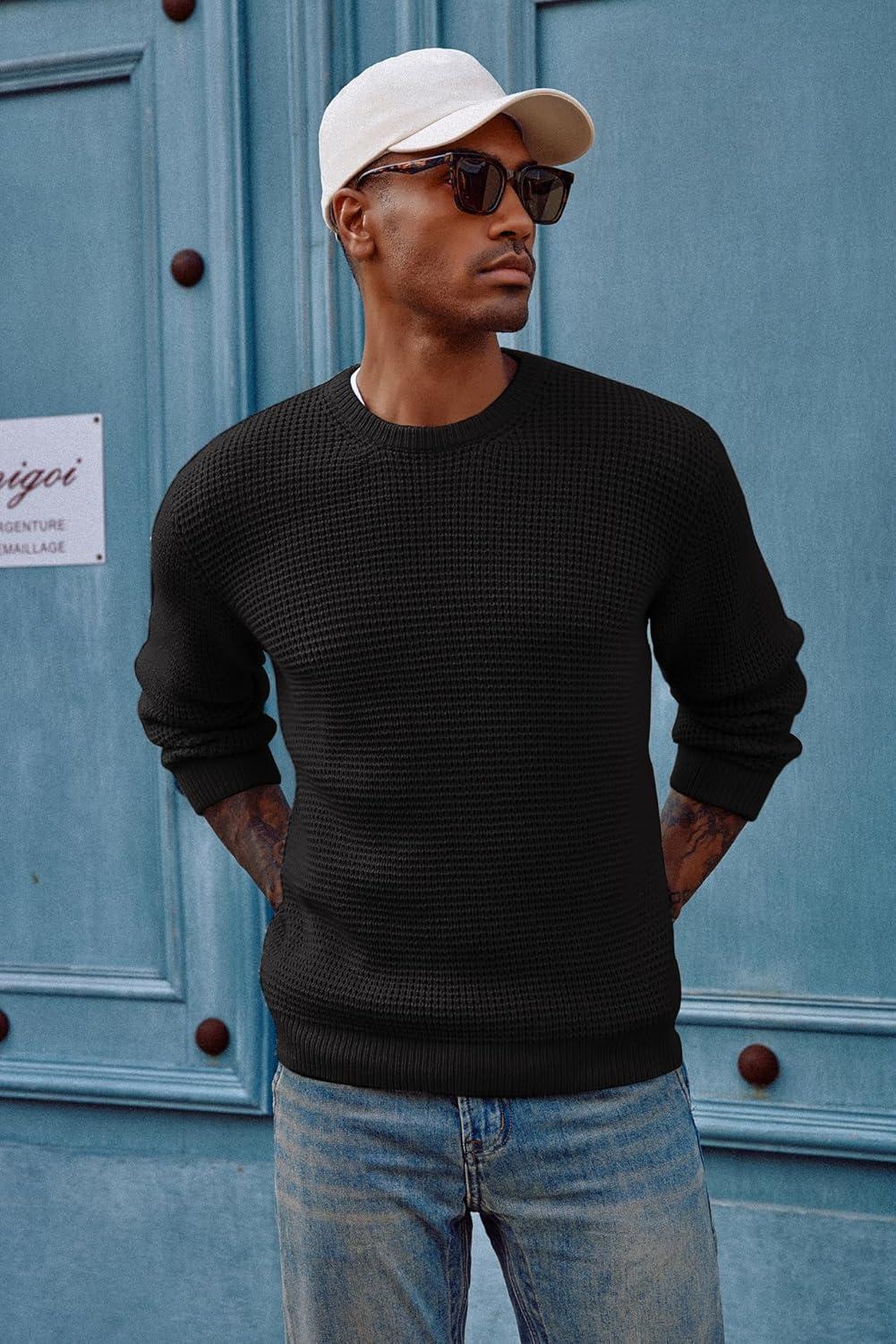 imagePJ PAUL JONES Mens Pullover Sweater Waffle Textured Long Sleeve Knitted SweatersBlack