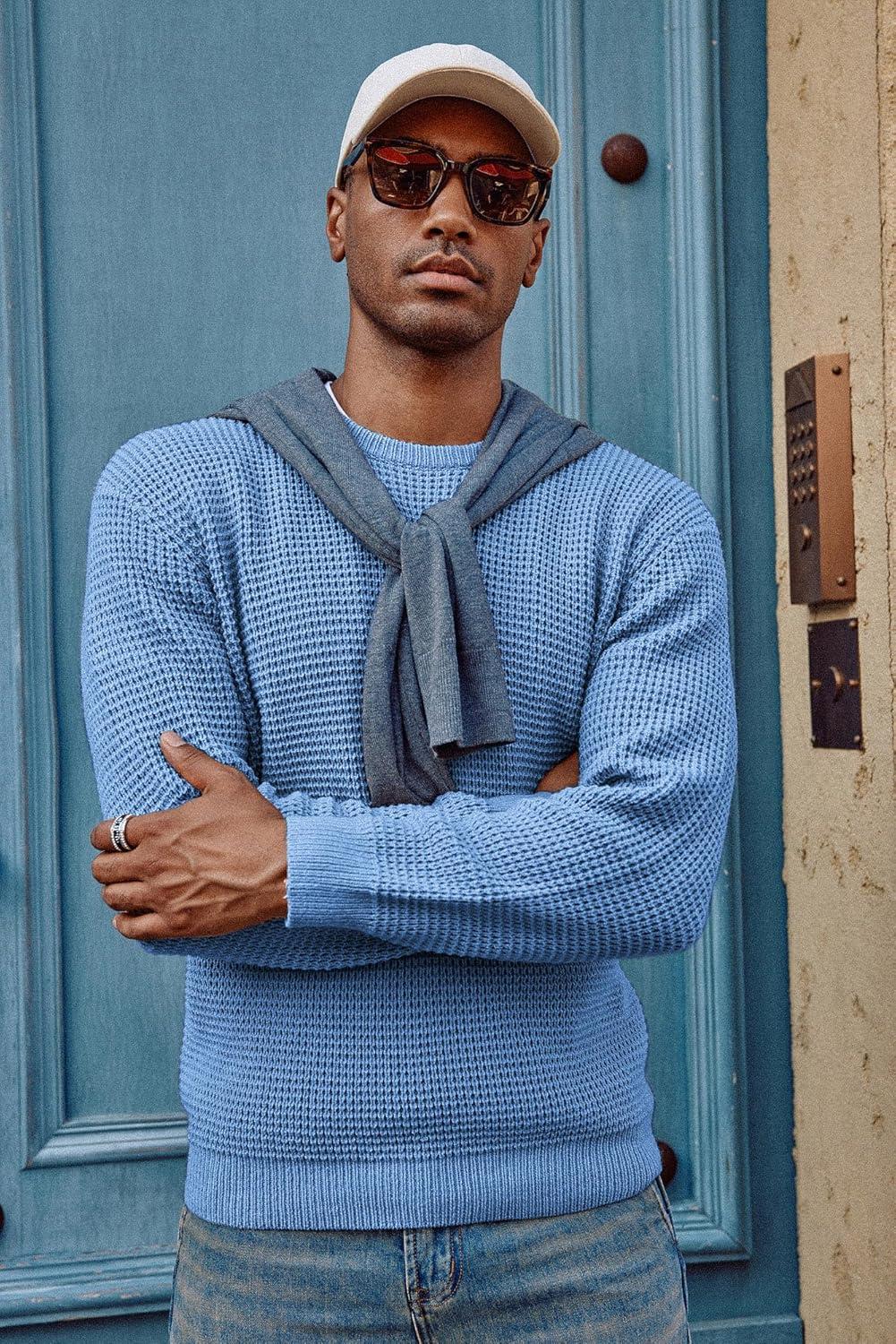 imagePJ PAUL JONES Mens Pullover Sweater Waffle Textured Long Sleeve Knitted SweatersBlue