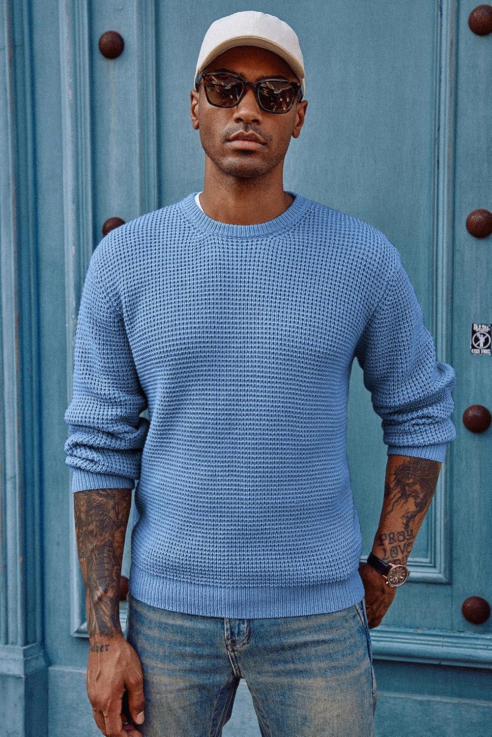 imagePJ PAUL JONES Mens Pullover Sweater Waffle Textured Long Sleeve Knitted SweatersBlue