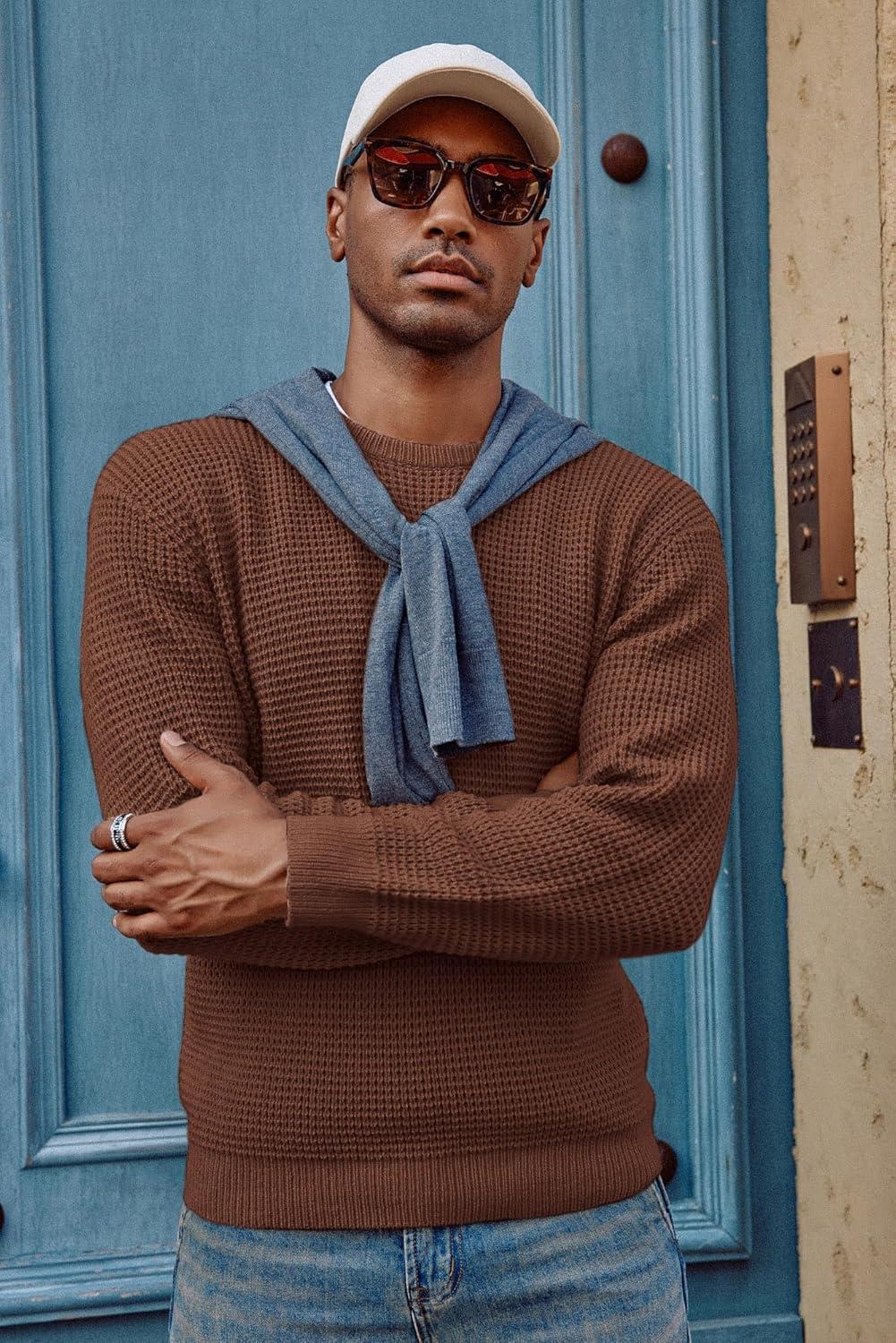 imagePJ PAUL JONES Mens Pullover Sweater Waffle Textured Long Sleeve Knitted SweatersBrown