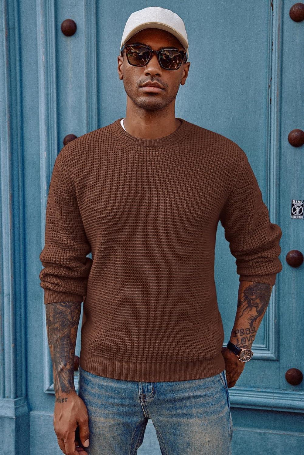 imagePJ PAUL JONES Mens Pullover Sweater Waffle Textured Long Sleeve Knitted SweatersBrown