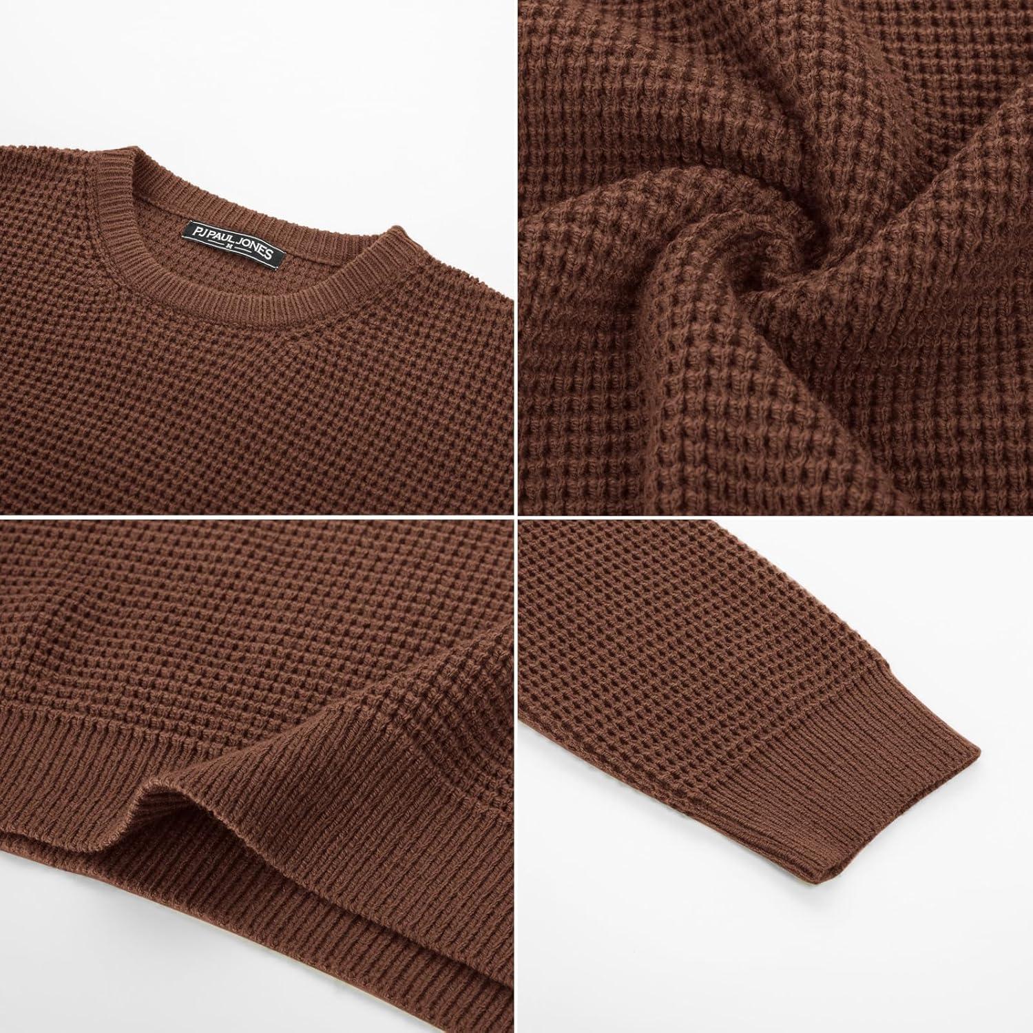 imagePJ PAUL JONES Mens Pullover Sweater Waffle Textured Long Sleeve Knitted SweatersBrown