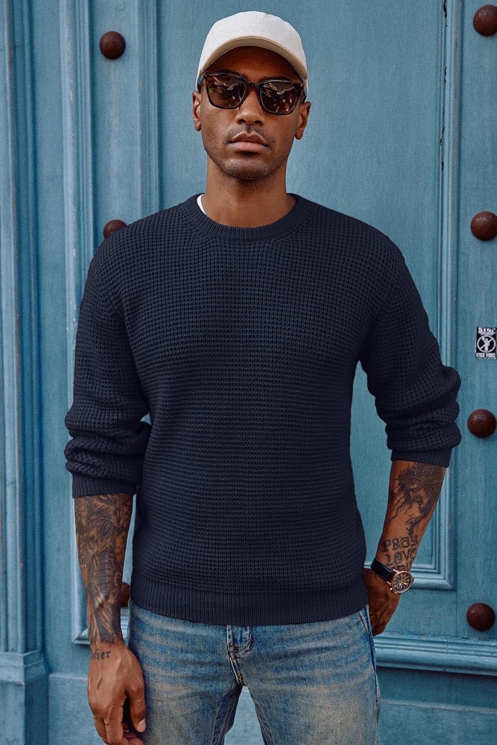 imagePJ PAUL JONES Mens Pullover Sweater Waffle Textured Long Sleeve Knitted SweatersDark Blue