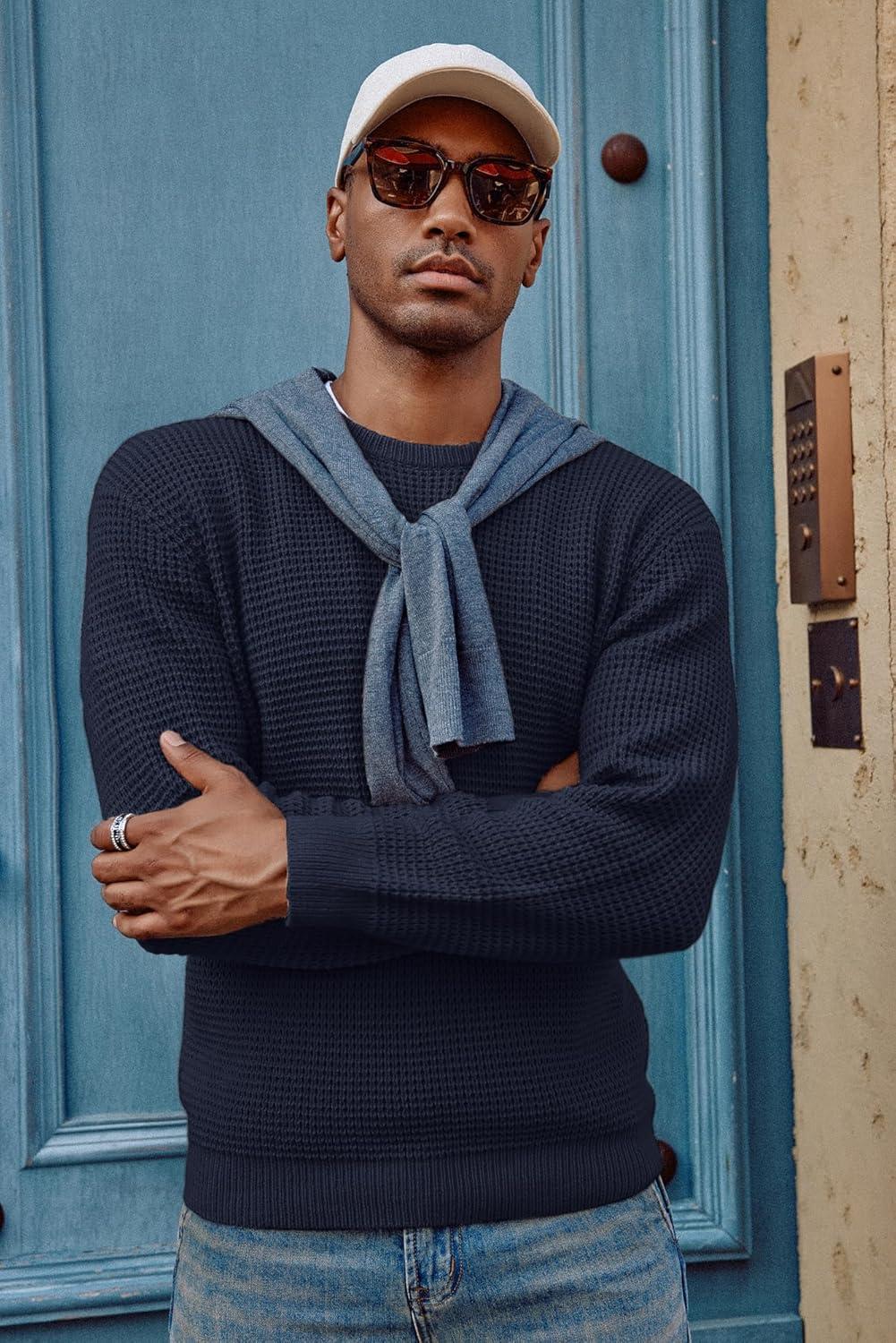 imagePJ PAUL JONES Mens Pullover Sweater Waffle Textured Long Sleeve Knitted SweatersDark Blue