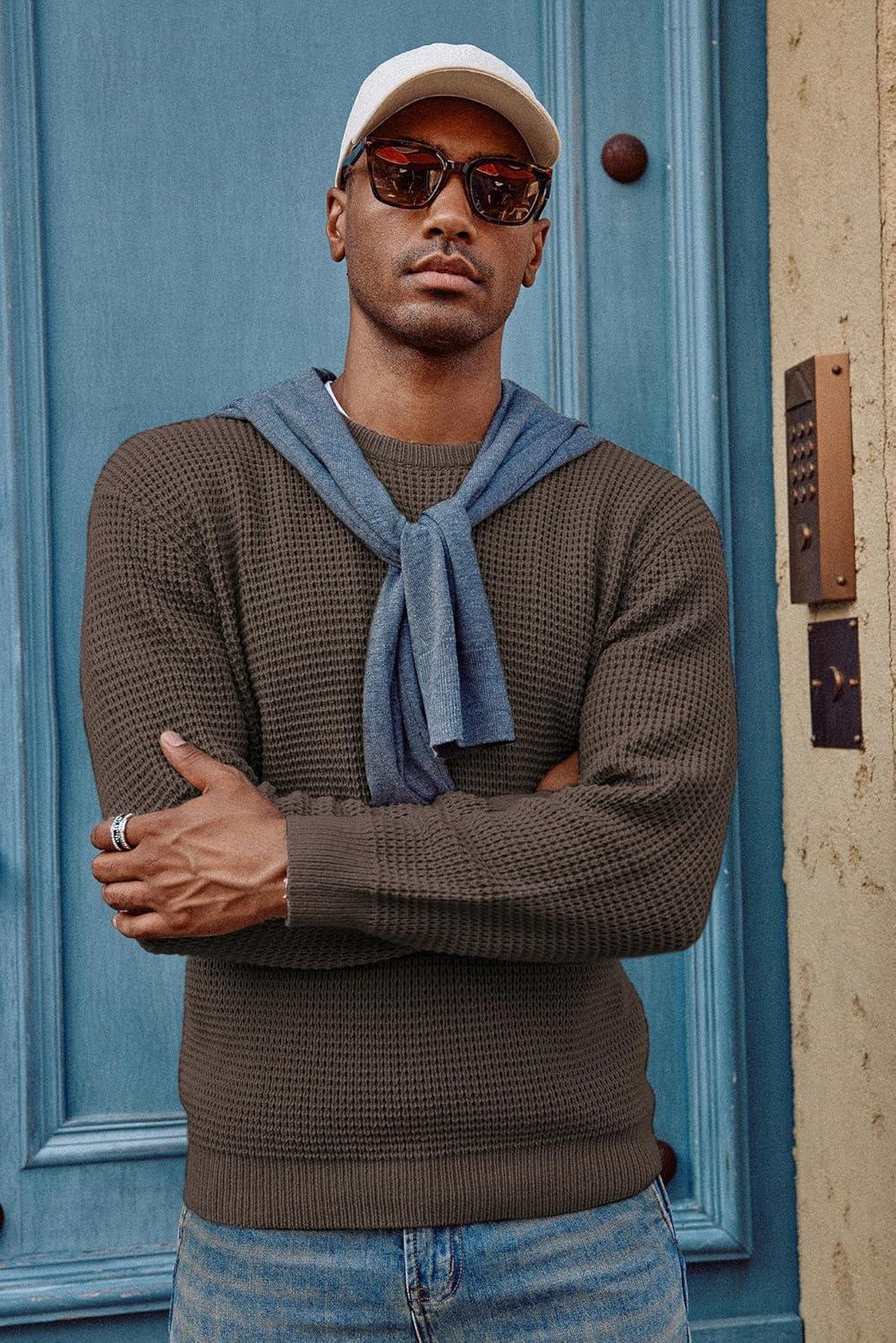 imagePJ PAUL JONES Mens Pullover Sweater Waffle Textured Long Sleeve Knitted SweatersDark Brown