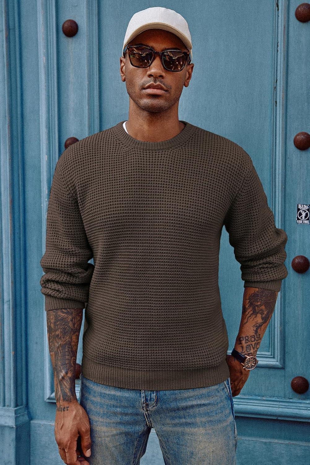 imagePJ PAUL JONES Mens Pullover Sweater Waffle Textured Long Sleeve Knitted SweatersDark Brown