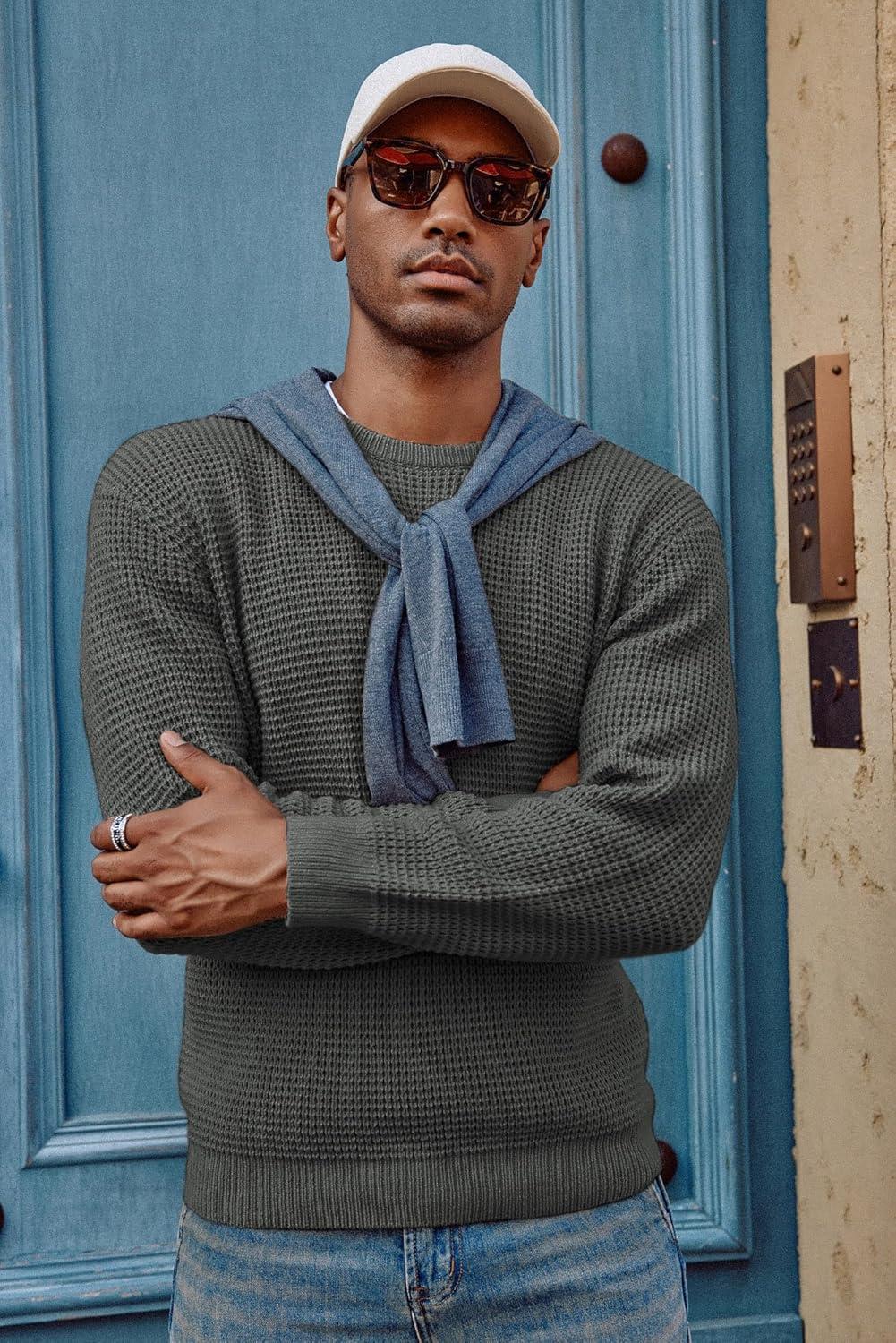 imagePJ PAUL JONES Mens Pullover Sweater Waffle Textured Long Sleeve Knitted SweatersDark Gray