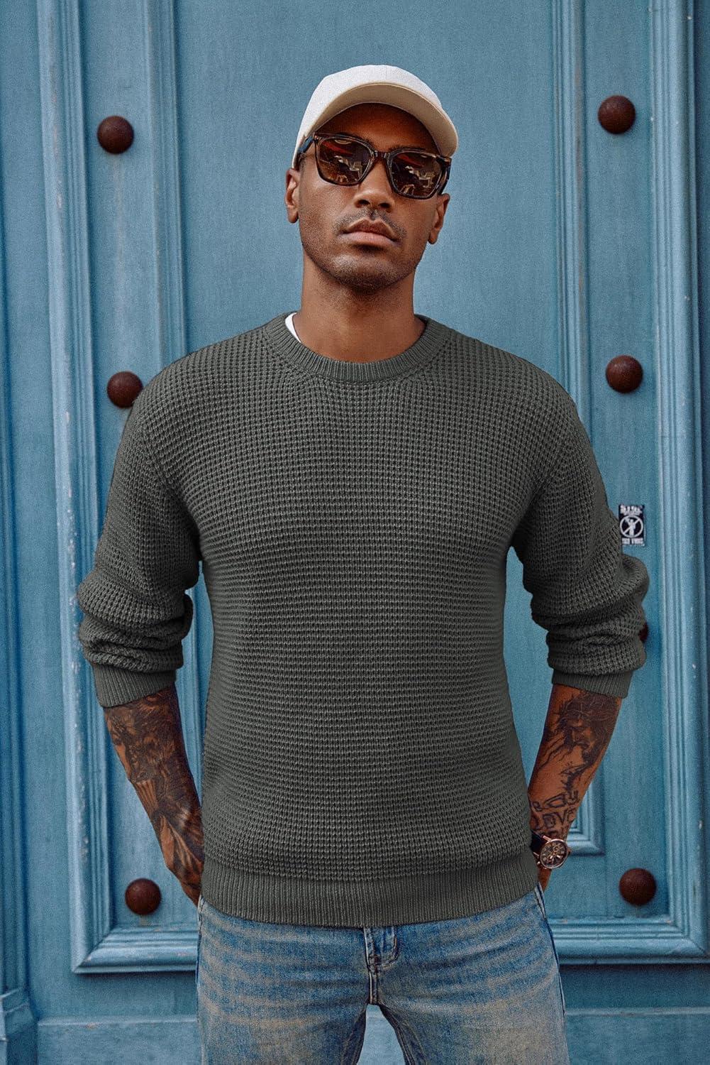 imagePJ PAUL JONES Mens Pullover Sweater Waffle Textured Long Sleeve Knitted SweatersDark Gray
