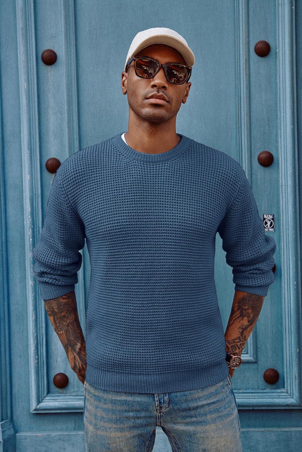imagePJ PAUL JONES Mens Pullover Sweater Waffle Textured Long Sleeve Knitted SweatersDenim Blue