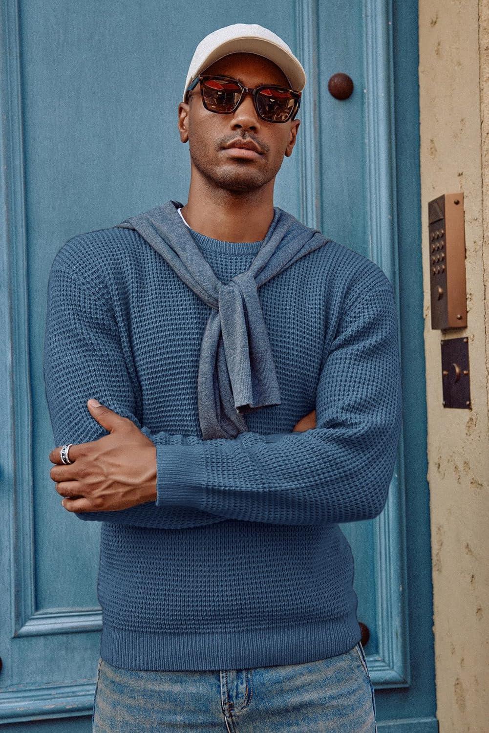 imagePJ PAUL JONES Mens Pullover Sweater Waffle Textured Long Sleeve Knitted SweatersDenim Blue