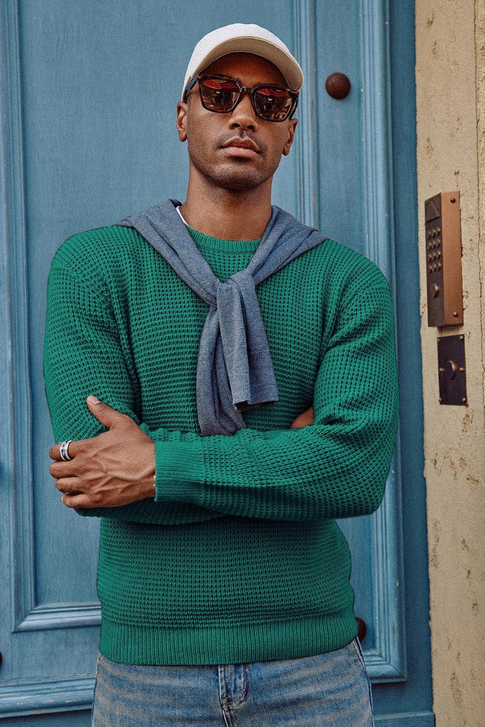 imagePJ PAUL JONES Mens Pullover Sweater Waffle Textured Long Sleeve Knitted SweatersEmerald