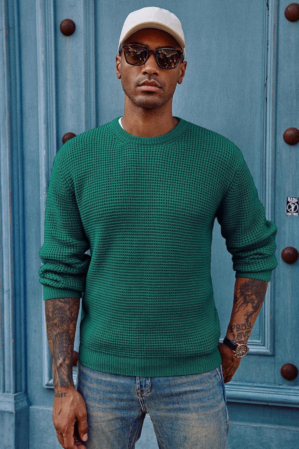 imagePJ PAUL JONES Mens Pullover Sweater Waffle Textured Long Sleeve Knitted SweatersEmerald