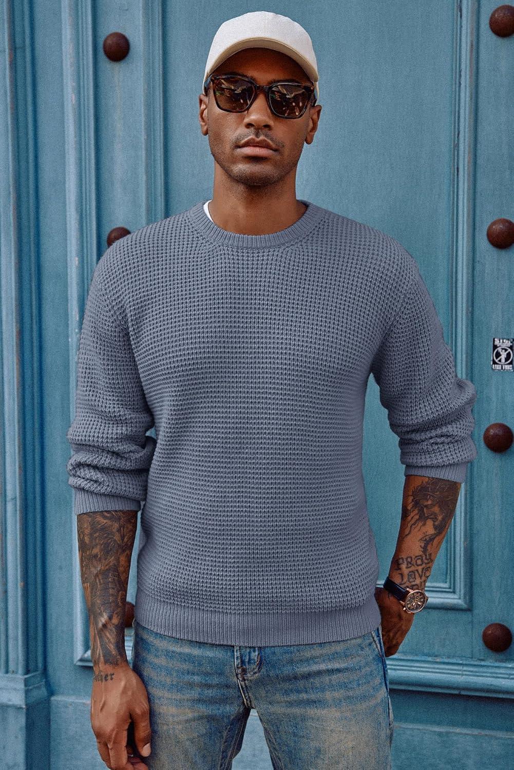 imagePJ PAUL JONES Mens Pullover Sweater Waffle Textured Long Sleeve Knitted SweatersGrey Blue