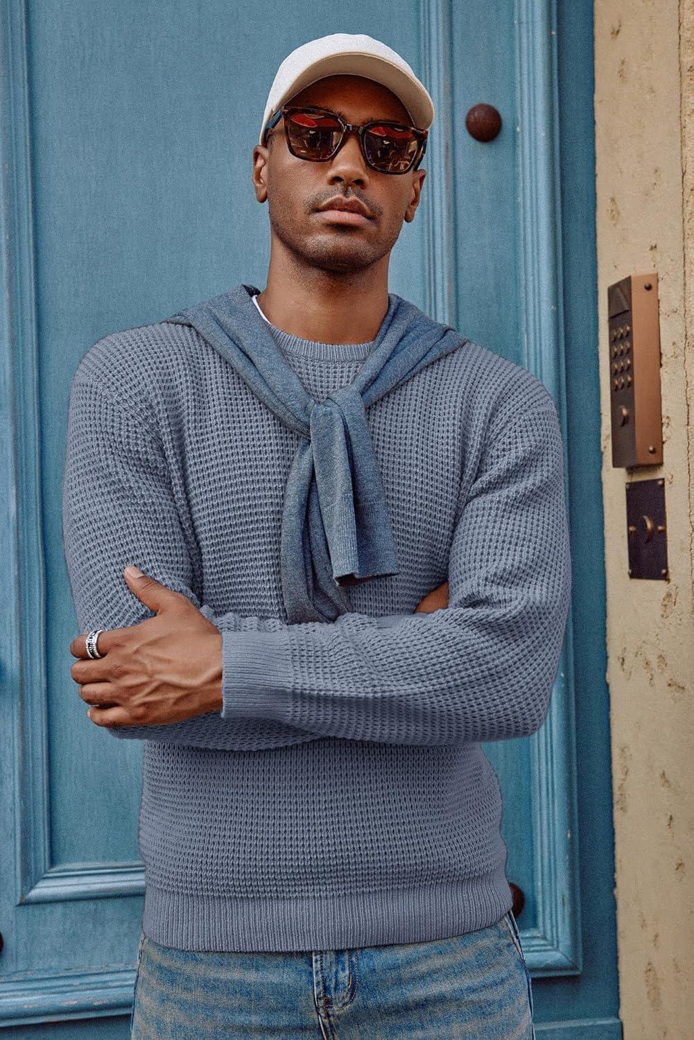 imagePJ PAUL JONES Mens Pullover Sweater Waffle Textured Long Sleeve Knitted SweatersGrey Blue