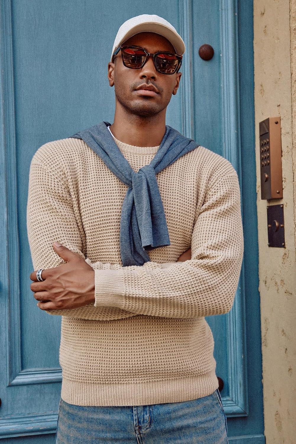 imagePJ PAUL JONES Mens Pullover Sweater Waffle Textured Long Sleeve Knitted SweatersKhaki