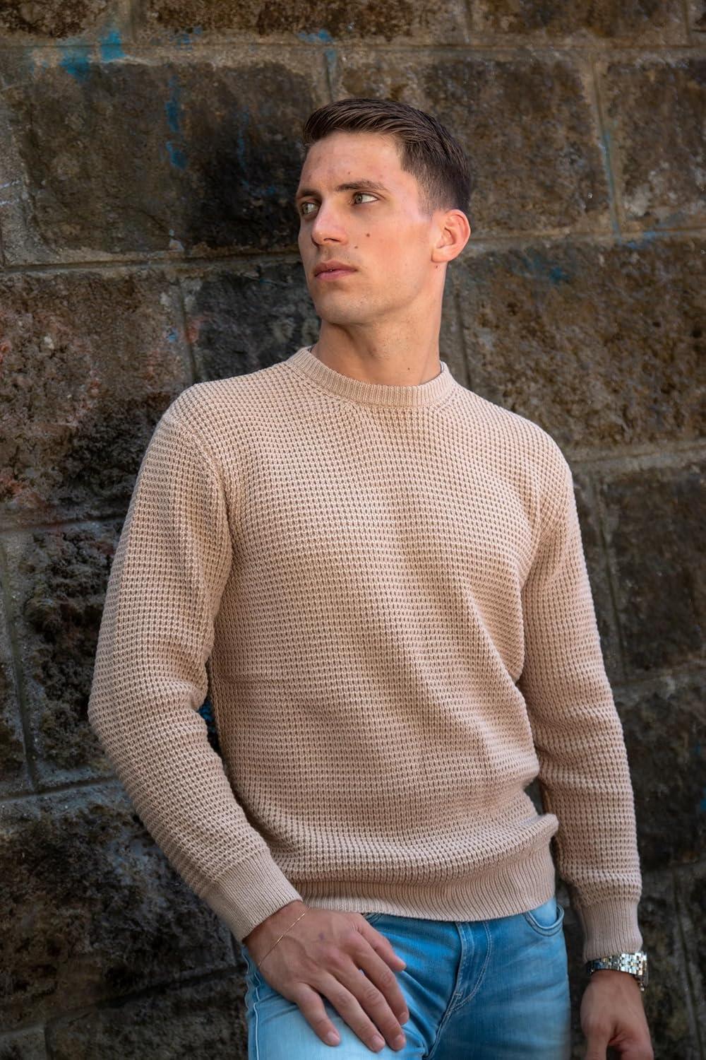 imagePJ PAUL JONES Mens Pullover Sweater Waffle Textured Long Sleeve Knitted SweatersKhaki