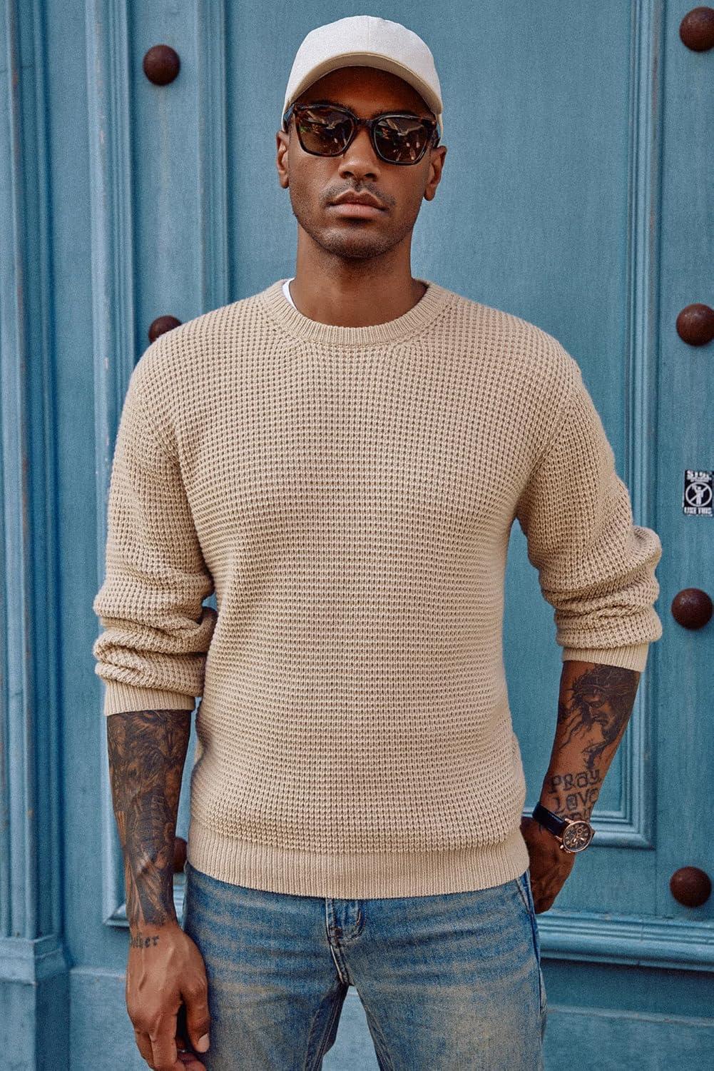 imagePJ PAUL JONES Mens Pullover Sweater Waffle Textured Long Sleeve Knitted SweatersKhaki