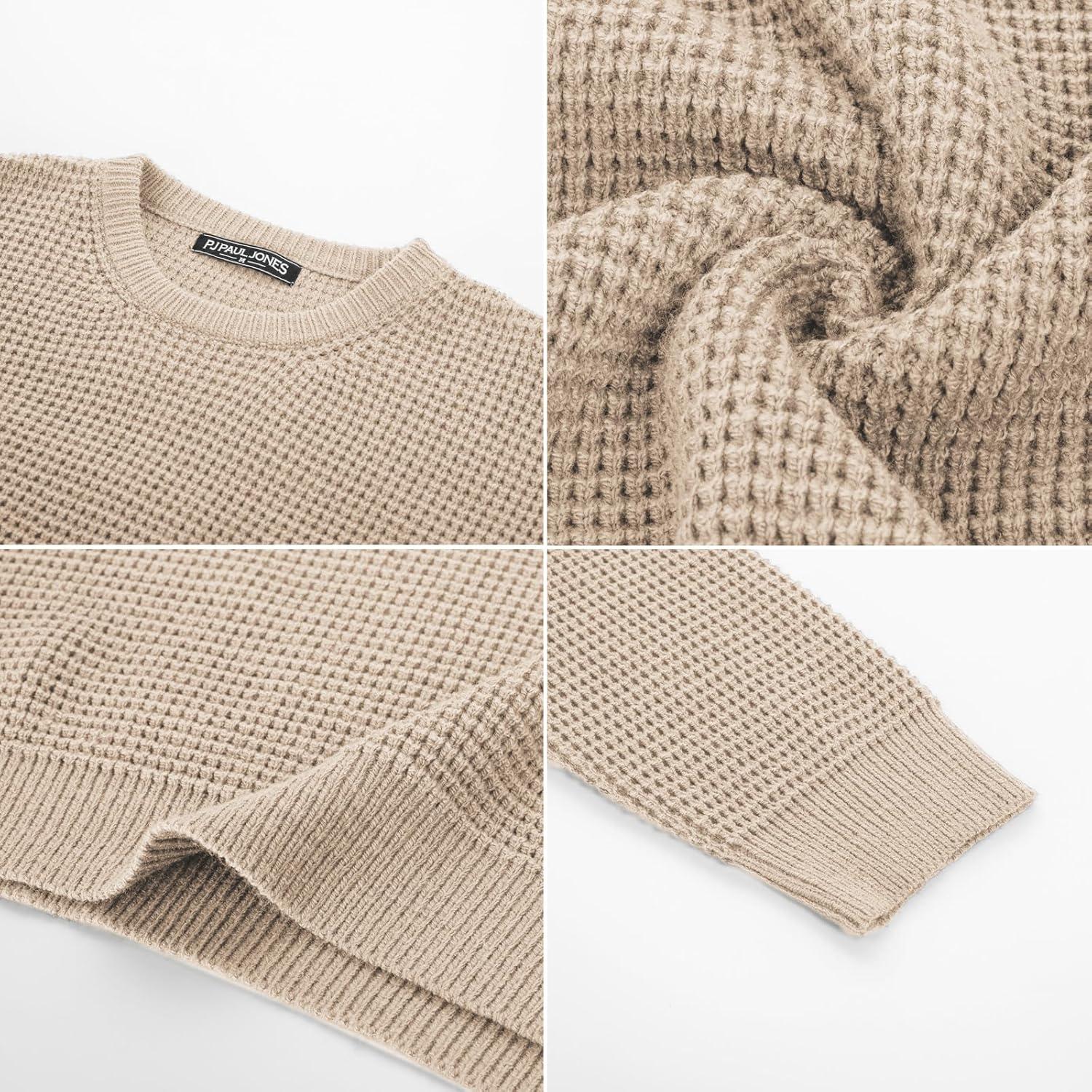 imagePJ PAUL JONES Mens Pullover Sweater Waffle Textured Long Sleeve Knitted SweatersKhaki