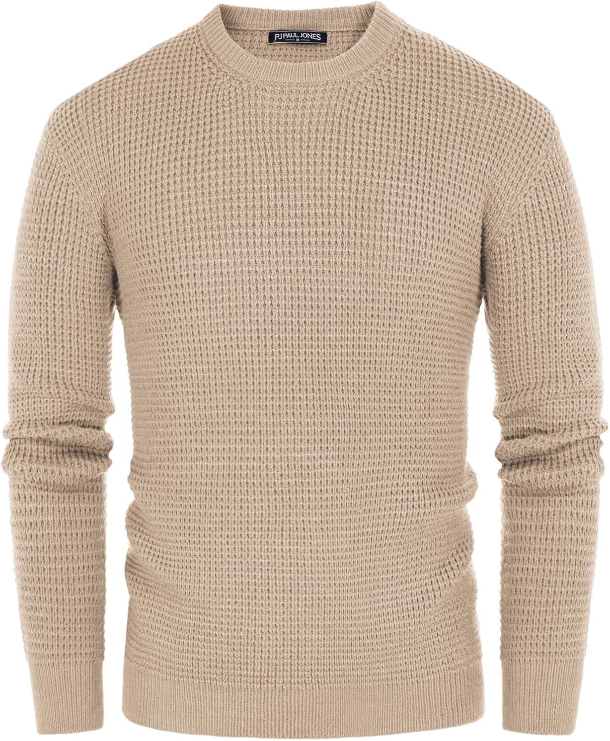 imagePJ PAUL JONES Mens Pullover Sweater Waffle Textured Long Sleeve Knitted SweatersKhaki