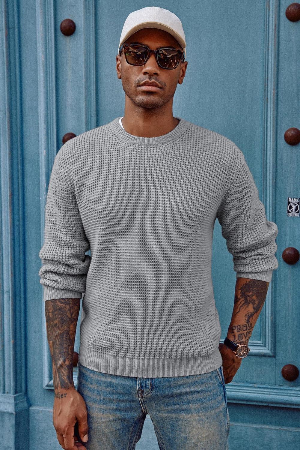 imagePJ PAUL JONES Mens Pullover Sweater Waffle Textured Long Sleeve Knitted SweatersLight Grey