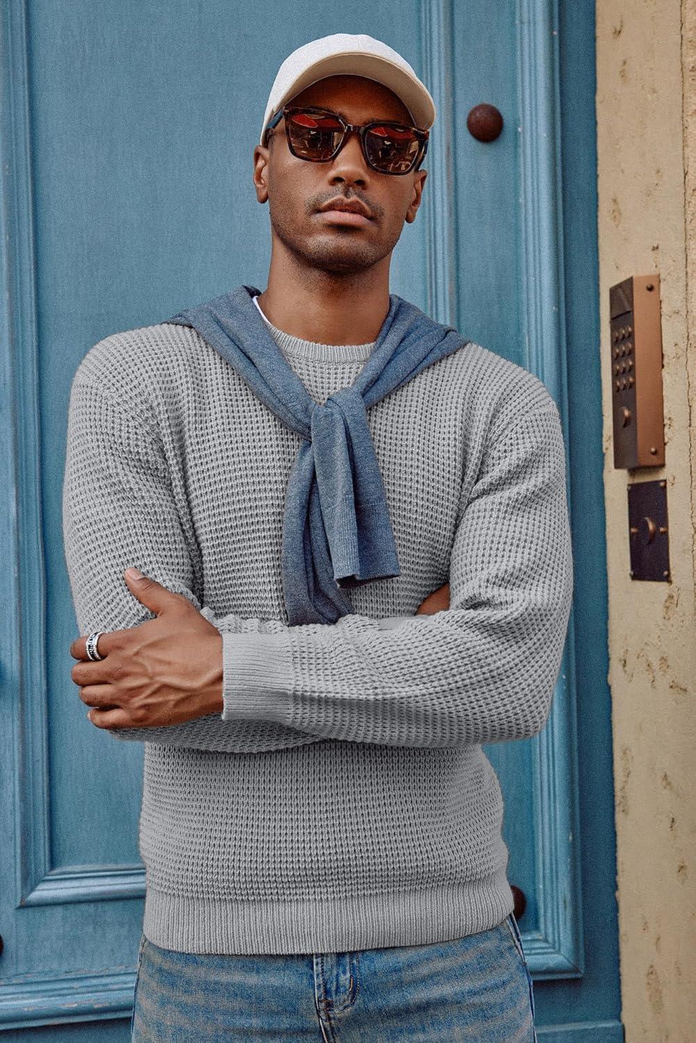 imagePJ PAUL JONES Mens Pullover Sweater Waffle Textured Long Sleeve Knitted SweatersLight Grey