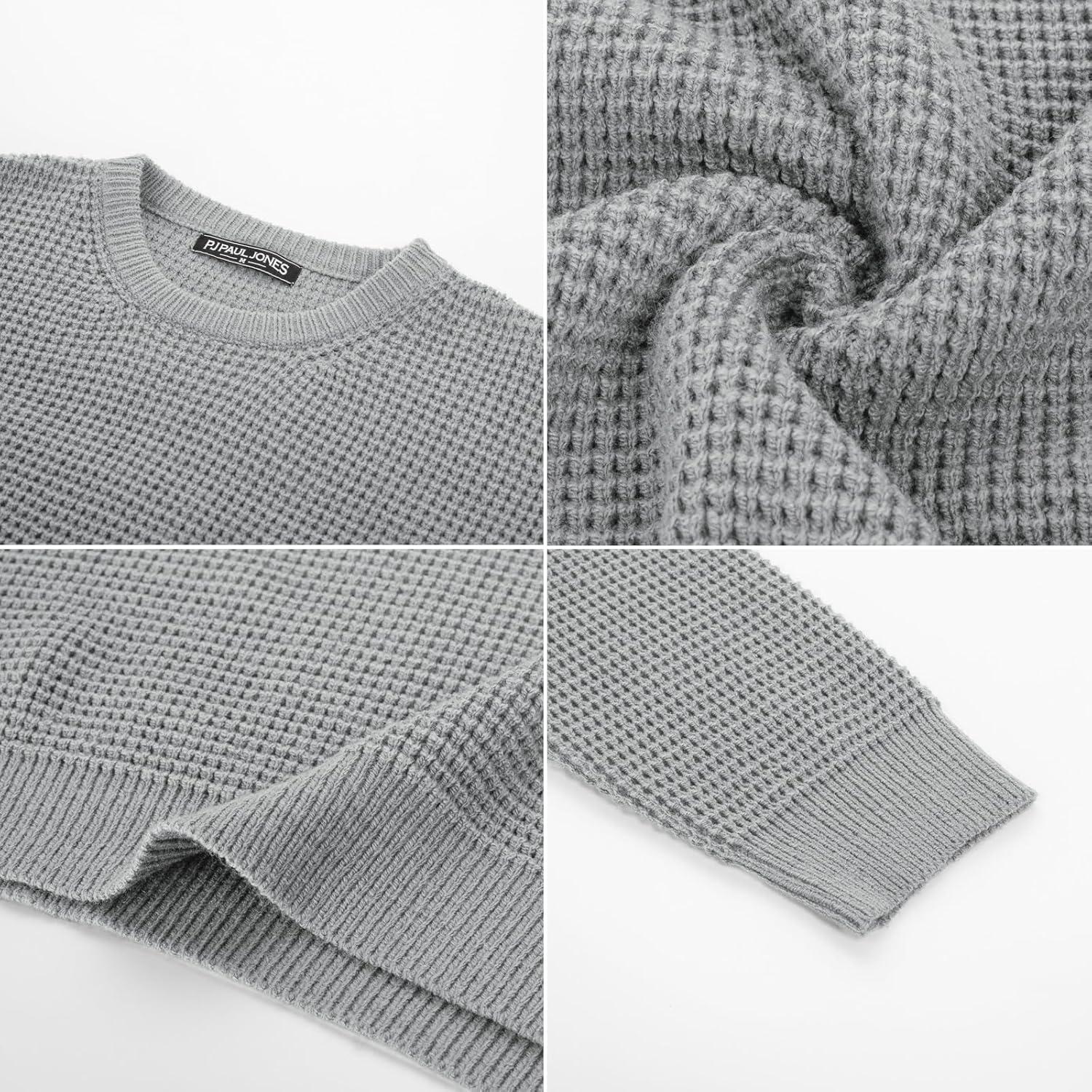 imagePJ PAUL JONES Mens Pullover Sweater Waffle Textured Long Sleeve Knitted SweatersLight Grey