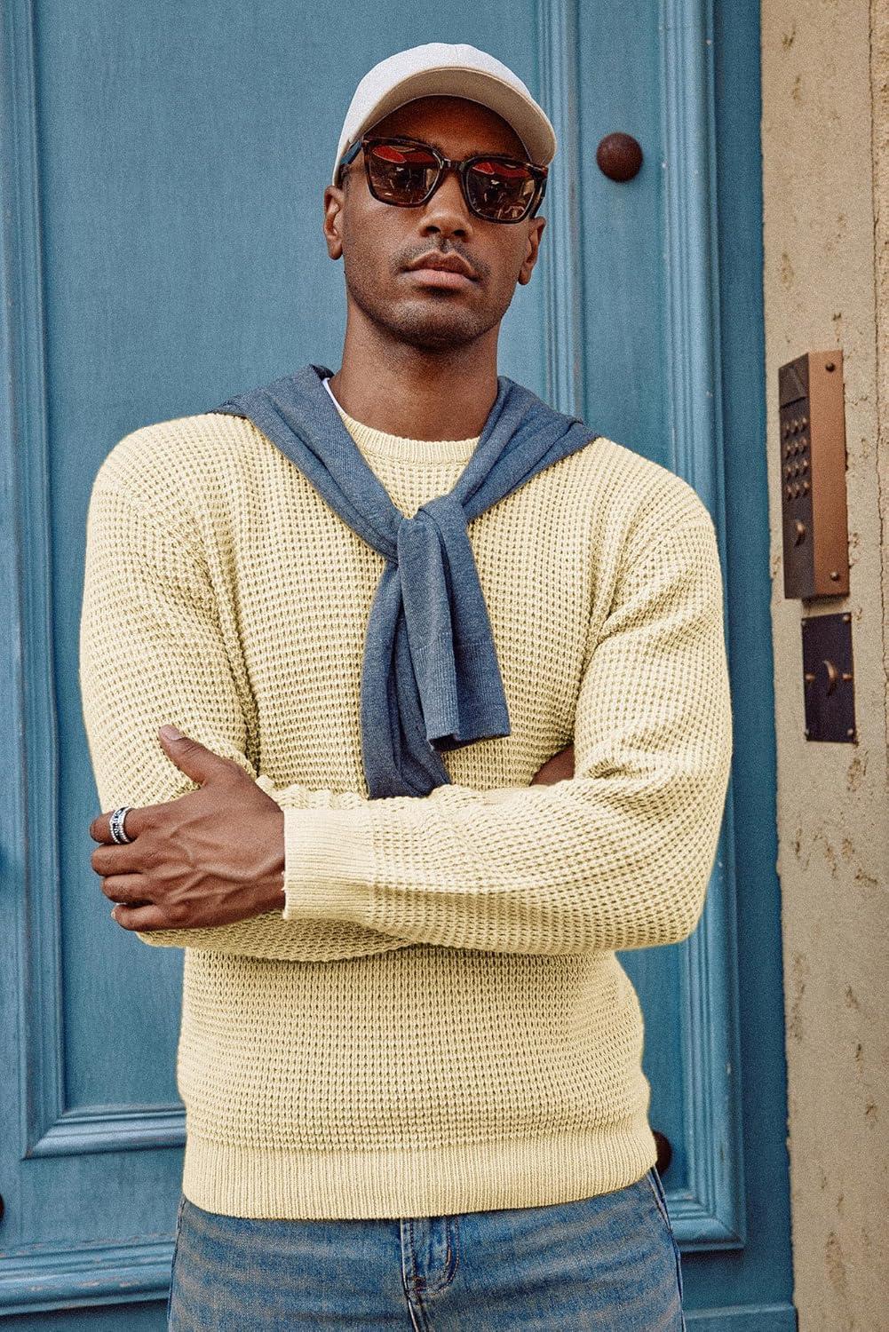 imagePJ PAUL JONES Mens Pullover Sweater Waffle Textured Long Sleeve Knitted SweatersLight Yellow